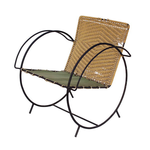 Iron Hoop Chair with Canvas Seat and Wicker Back- Unknown Designer