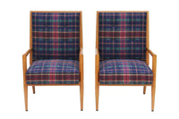 Pair Solid Oak Tufted Armchairs after T.H. Robsjohn-Gibbings