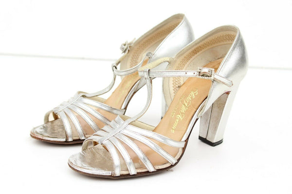 Saks Fifth Avenue Silver Leather T-Strap with Block Heel Fenton 