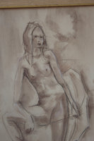 Framed Full Length Female Nude in Conte Crayon - 24 x 28"