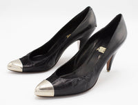 Punky Vintage Metal Captoe Black Leather Rocker Pumps by Allure Made in Spain Sz 6 N